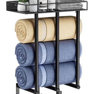 Modern Black Metal Bathroom Towel Rack with Glass Shelf